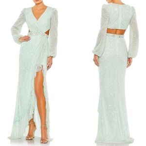 Mac Duggal 5745 Mint Green Sequined V Neck Cut Out Long Sleeve Gown Size 0